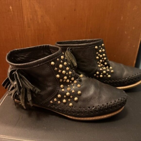 Vintage black leather studded fringe moccasins ankle booties - EU 37 - Picture 8 of 16